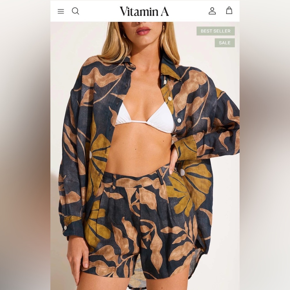 Vitamin A Playa linen boyfriend Green Leaf Print Set
